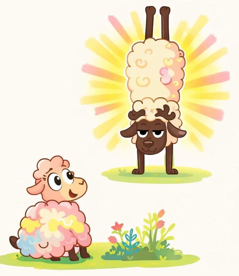 On the right side of the image, Yoga Sheep is performing a yoga pose — standing on her front legs in an inverted position (a headstand/foreleg stand) with her back legs pointing straight up, surrounded by radiant yellow and pink rays suggesting a sense of zen energy. She has a calm, serene expression. In the lower center-right, Rose sits on the ground with a large, round woolly body, looking up toward Yoga Sheep with a curious expression. A cluster of colorful wildflowers and plants sits between them. The scene is set outdoors on a grassy area against a plain white background.