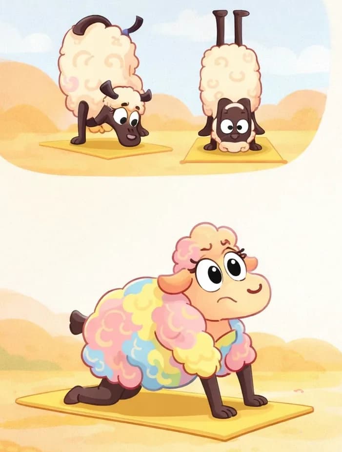 On the left side of the image, Rose kneels on a yellow yoga mat, attempting a yoga stretch with a determined expression, her large woolly body looking stiff and awkward in the pose. In the upper-left corner, two smaller vignettes show Yoga Sheep performing different yoga stretches on a yellow mat — one in a forward fold and one in a headstand with legs in the air. Yoga Sheep appears encouraging and confident. The scene is set outdoors on warm golden-yellow ground with soft watercolor hills in the background.