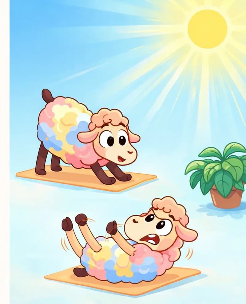 On the right side of the image, Rose is shown in two poses against a bright, hot blue sky with intense sun rays beating down. In the upper pose, Rose is bending forward in a stretching position on a mat. In the lower pose, Rose is lying back on a mat, reaching upward with her legs extended, looking strained but determined. A leafy plant sits nearby on the far right, and the left side of the image is plain white background.