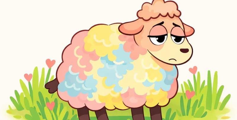 In the lower half of the image, Rose stands among tall green grass, facing right with a tired, weary expression — eyes partly closed and head slightly drooped. Her large, round woolly body fills much of the lower portion, emphasizing how big she still is. The top half of the image is plain white background. Small pink hearts peek out from the grass around her.