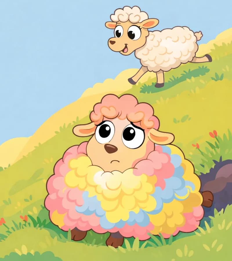 On the right side of the image, Rose is sitting on a grassy hillside, looking up with a worried, uncertain expression — her large woolly body takes up much of the lower-right area, and only her face peeks above her thick fleece. In the upper-right area, a thinner sheep stands on a slope, looking down at Rose with an encouraging expression, mid-stride as if demonstrating running. The scene is set outdoors on rolling golden-green hills under a pale blue sky.