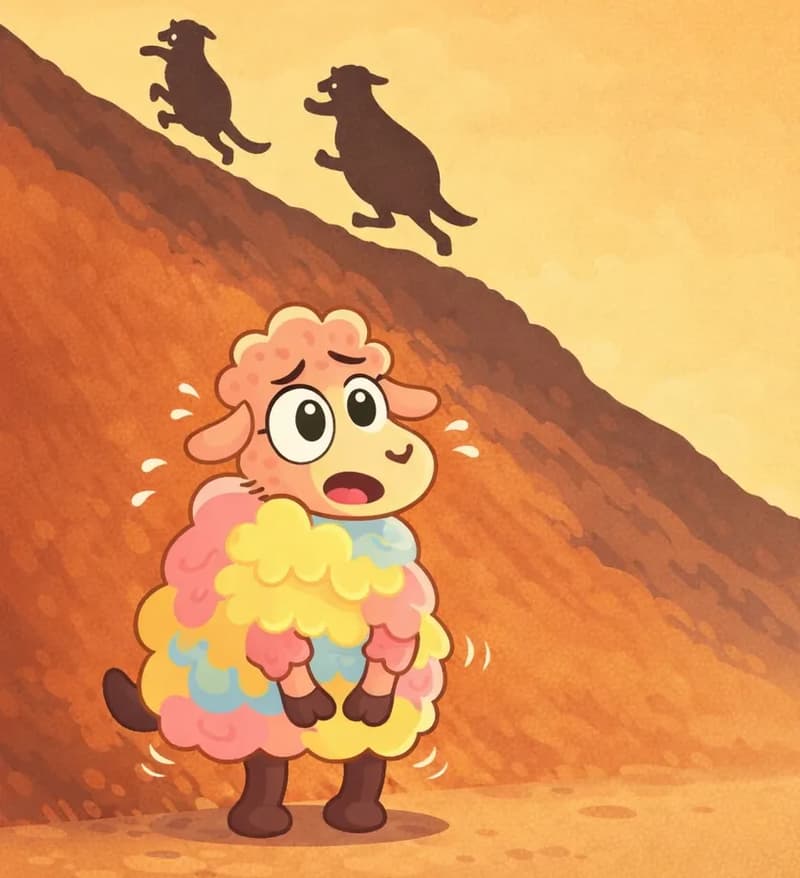 On the left side of the image, Rose stands at the bottom of a steep hill, looking wide-eyed and exhausted, with her knees trembling and knocking together. She appears to be just finishing a run. In the background, two dark silhouetted sheep run up the hillside ahead of her. The outdoor scene features a warm golden-yellow sky and reddish-brown terrain, conveying the intense heat described in the text.