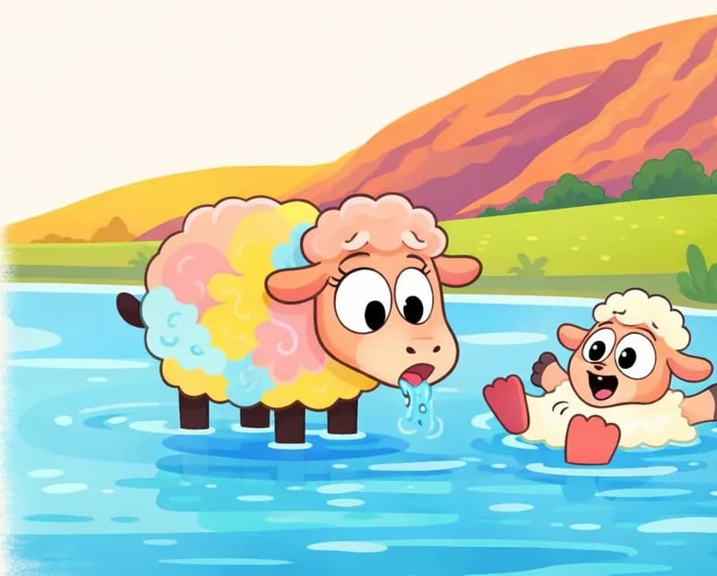 On the right side of the image, Rose stands in shallow water looking surprised, her large woolly body partially submerged as she stops for a drink. A smaller sheep friend is swimming energetically in the water to the right of Rose, floating on her back with little red flippers on her feet, looking cheerful and relaxed. The scene is set outdoors beside a pond or lake, with rolling hills in warm yellow and reddish-brown tones in the background and green grassy banks along the water's edge.