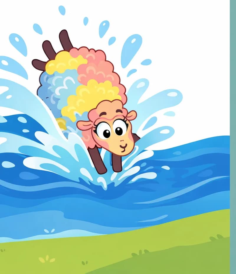 On the left side of the image, Rose is diving headfirst into a large wave of blue water, with a big splash erupting around her. She has a determined expression with wide eyes as she plunges into the water. The scene is outdoors with green grassy ground visible at the bottom and a bright white sky above, with the right side of the image fading to a plain muted teal background.