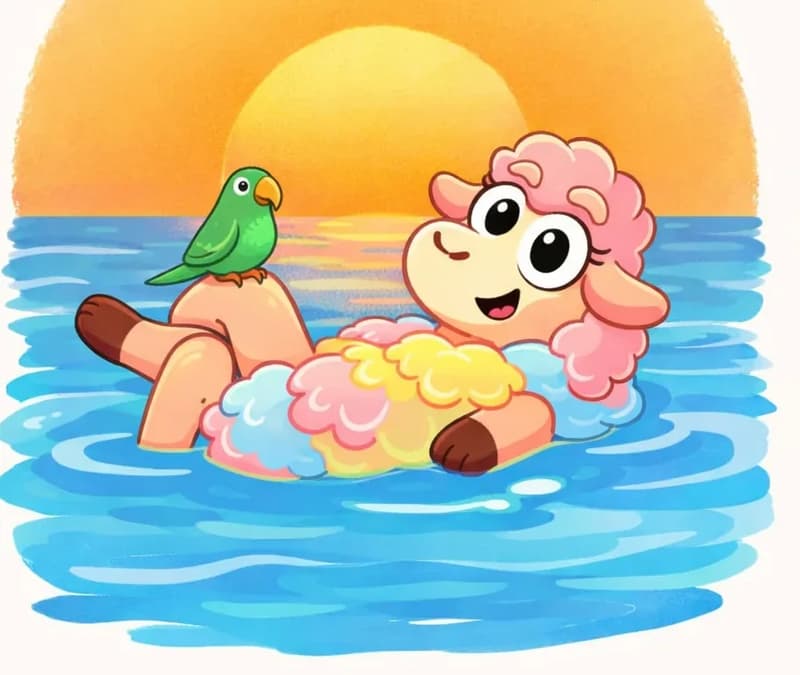 On the right side of the image, Rose the sheep is swimming on her back in blue water, with a happy, open-mouthed smile, her legs and pastel pink, yellow, and blue woolly body partially above the surface, her pink-curled head raised above the water. A small green parrot with a yellow beak sits perched on Rose's raised knee, looking ahead with a calm expression. The scene is set outdoors at sunset, with a large warm golden-orange sun glowing in the background behind them, evoking the late-summer heat mentioned in the text. The left side of the image is plain white background.