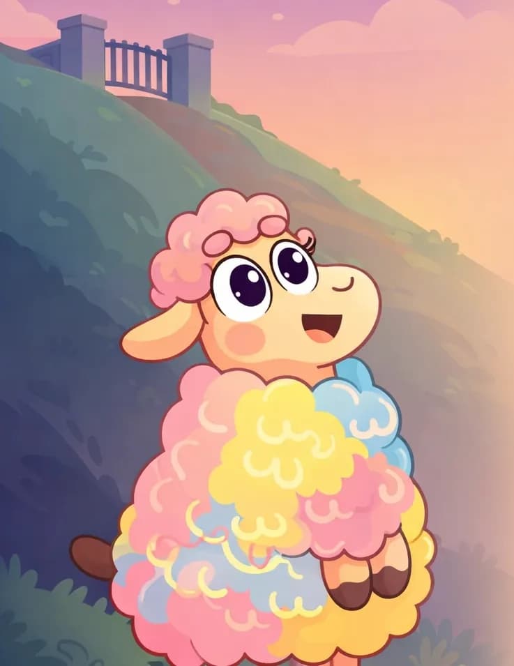 On the left side of the image, Rose the sheep is shown nearly in full, her fluffy pastel fleece of pink, yellow, and blue filling the lower left of the frame, with her small brown tail peeking out on the left and her dark front hooves tucked against her chest. She looks upward with wide, alert eyes and a cheerful, open-mouthed smile, her pink curly topknot framing her face. She stands on a grassy hillside at dusk, gazing up toward a gate at the top of the slope in the upper left. The right side of the image is plain peach-toned background, free of detail.