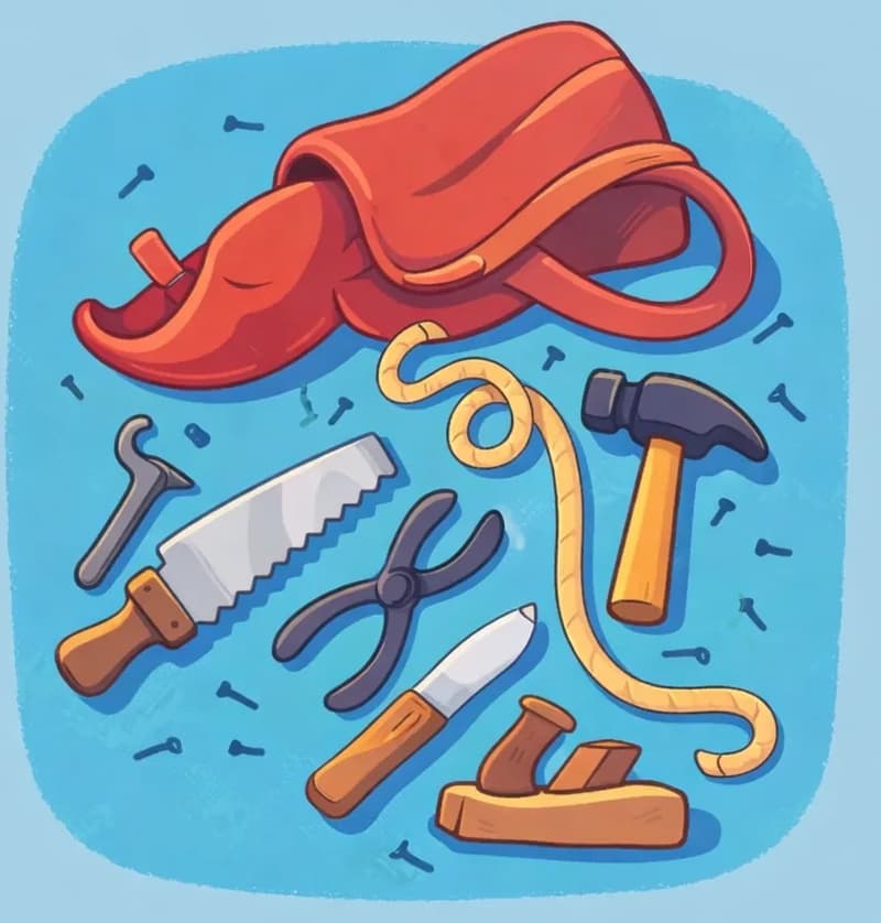 On the right side of the image, a collection of tools is displayed against a teal-blue background — a handsaw, a pair of scissors, a coiled rope, a hammer, a knife, and a wood plane are scattered together. A large red leather tool bag or pouch sits atop the pile, its strap dangling down. Small nails are sprinkled across the blue background around the tools.