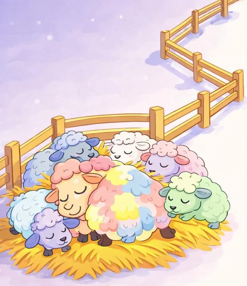 On the left side of the image, Rose is lying asleep on a bed of golden hay/straw, curled up peacefully among a group of sheep. Her eyes are closed with a content expression. A wooden fence winds upward and to the right in a dreamlike zigzag pattern. The scene has a soft, dreamy quality with a lavender-tinted background behind the sleeping figures, while the right side is plain white.