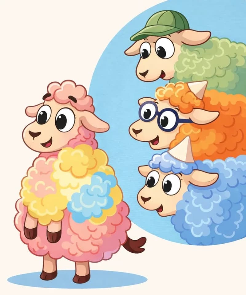 On the right side of the image, a group of sheep are clustered together against a light blue circular background, peering inward with curious, attentive expressions as they ask their question. The sheep are stacked vertically — one wears a green cap, another wears round glasses, and one has a small paper hat — all looking eagerly toward the left. On the left side, Rose sits facing them with a proud, confident expression, her large woolly body prominent. The left area leaves space for text above and below Rose.