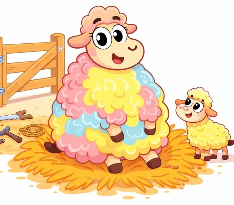 On the left side of the image, Rose is shown as a very large, round sheep with fluffy pastel pink, yellow, and blue wool, sitting proudly in a pile of orange hay/straw, looking cheerful and content. Behind her in the upper left, a widened wooden gate with fresh timber and neat new hinges shows that she has carefully rebuilt the gate to be bigger, with a saw, hammer, and coiled rope visible on the ground nearby as evidence of her handiwork. A smaller sheep with yellow wool stands to Rose's right, looking up at her admiringly. The right ~40% of the image is plain white background.