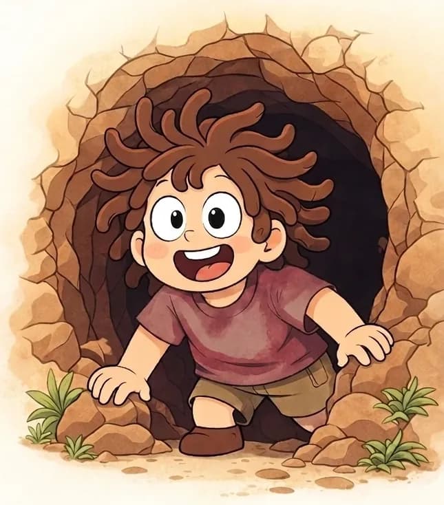 On the right side of the image, Sen is clambering out of a large underground cave opening, leaning forward with one foot stepping out onto the ground and his hands reaching down toward the rocks at the entrance. He has an excited, wide-eyed expression with a big open-mouthed smile, looking eager and curious as he peers out into the world. He has wild, curly brown hair and wears a loose reddish-maroon short-sleeve t-shirt, khaki shorts, and brown shoes. The cave entrance is surrounded by earthy brown rock and stone, with a few small green plants growing at its base and scattered pebbles on the ground, set against a bright, pale cream outdoor background suggesting daytime, with the left side of the image left open and empty.