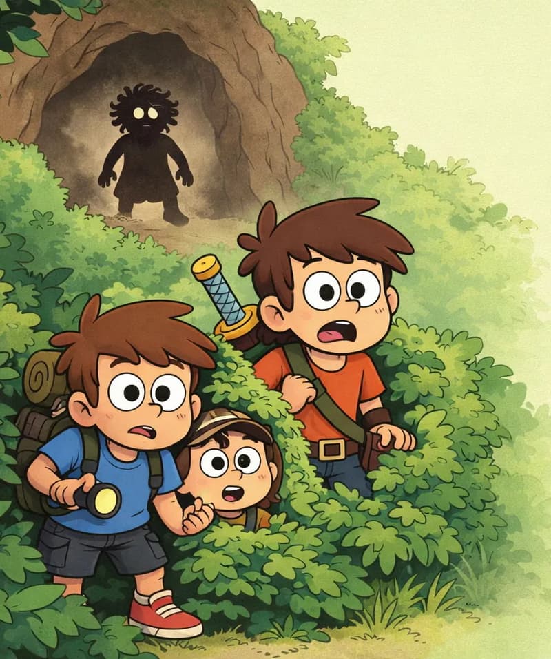 On the left side of the image, Kem, Lan, and a third village child are crouched behind a thick green hedge, peeking out through the leaves in an outdoor setting. Kem is in the foreground, looking out with a cautious, wide-eyed expression and one hand parting the leaves. Lan is beside Kem, peering over the hedge with a surprised expression and mouth open. A third village child crouches lower behind them. In the far distance on the left, a large silhouette of Sen can be seen approaching from the direction of the cave — clearly much bigger than the children, hinting at his giant size. The right portion of the image fades to a plain light green background.