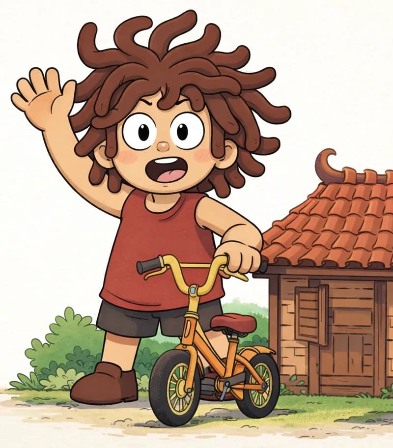 On the right side of the image, Sen stands enormous beside a small bike near a village house, one hand raised in a friendly wave and the other resting on the handlebars, with a curious, wide-eyed expression. His giant size is evident as the bike and house look small compared to him. The bike sits in front of a wooden structure with a tiled roof, with green bushes and plants nearby, set outdoors on a bright, sunny day.