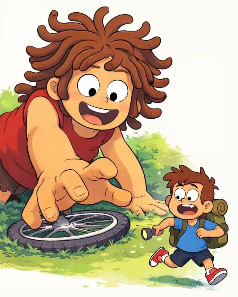 On the left side of the image, Sen looms large, leaning forward with a cheerful, open-mouthed grin and rosy cheeks, one massive hand reaching down and crushing a bicycle wheel flat against the grass. Below Sen's hand, Kem scrambles away in a frightened run, looking back over his shoulder with a scared expression. The scene is set outdoors on a grassy area with green bushes and foliage in the background, under bright daylight. The right side of the image is plain white background.
