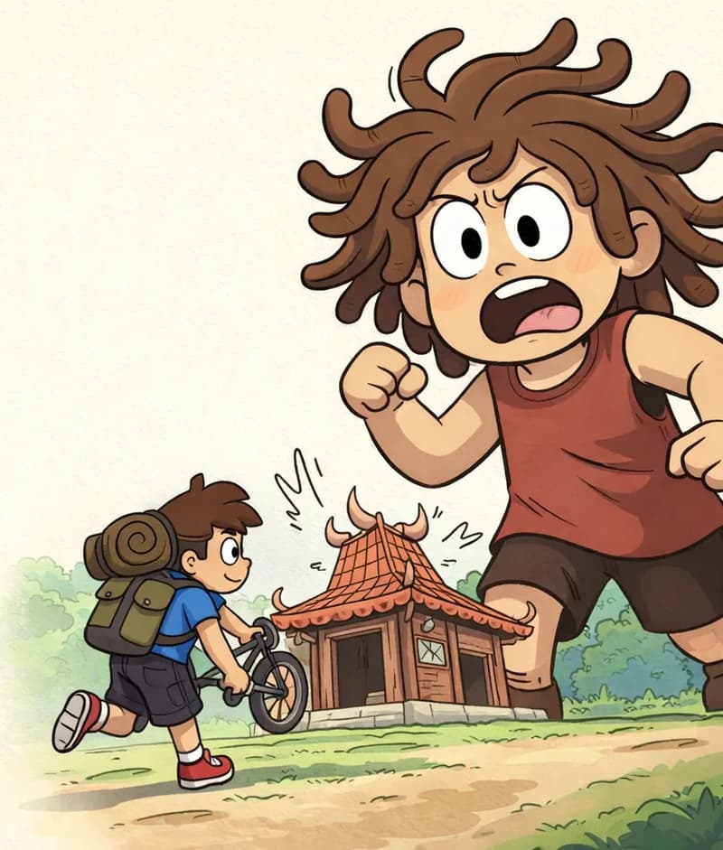 On the right side of the image, Sen stands enormous in the foreground, with wild curly brown hair, wearing a red tank top and dark shorts, mouth open wide in alarm as if calling out, one fist clenched. In the background, Kem is running toward a small village house, pushing his bike along beside him with one hand, leaning forward mid-stride. He wears a blue t-shirt, dark shorts, and red sneakers, and carries a large olive-green backpack with a rolled bedroll on top. The village house has an ornate red-orange tiled roof with curved horn-like decorations that appears to rattle and shake from the force of Sen's booming voice. The scene is set outdoors on a grassy yard in front of the village house, with green trees visible behind, against a plain pale cream background filling the left side of the image.