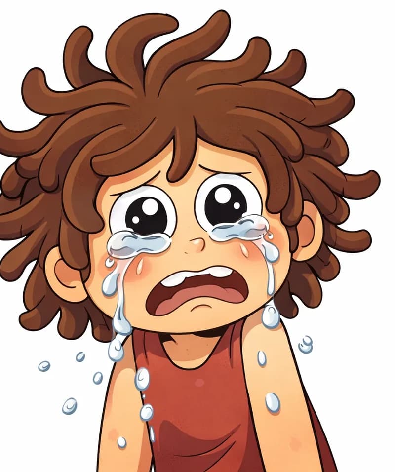 On the left side of the image, a close-up of Sen's face shows him crying, with large tears welling up in his eyes and streaming down his flushed, rosy cheeks like rain. His expression is deeply sad and distressed, with a trembling, downturned mouth and glistening, watery eyes. The right portion of the image is plain white background, left clear for text overlay.