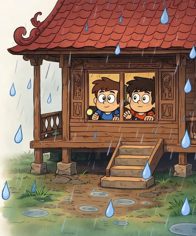 On the right side of the image, a wooden village house with a tiled roof and a front porch is shown, raised on stilts with stone steps leading up to it. The house has ornate carved wooden doors and decorative panels. Through a window, Kem and Lan can be seen huddled together inside, peering out cautiously. Outside, large teardrops fall like heavy rain around the house and on the grassy yard, hinting at Sen's giant tears. The left side of the image is plain light background.