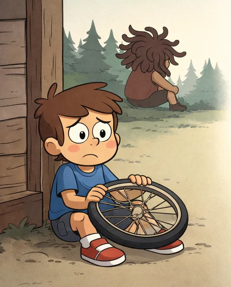 On the left side of the image, Kem is sitting on the ground beside the village house, holding a broken bike wheel in both hands. He has a sad, concerned expression with furrowed brows and rosy cheeks, gazing toward the distant woods. In the far background, the large silhouette of Sen can be seen sitting at the edge of the woods, hunched over. The right side of the image is plain background.
