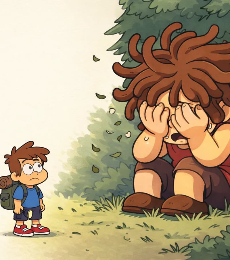 On the right side of the image, Sen sits enormous on the grass at the edge of the woods, hunched over with his face buried in his huge hands, crying. His posture conveys deep sadness, with his knees drawn up and shoulders rounded, shown from a three-quarter angle so his curly brown hair and olive-green shirt are recognizable. Small leaves and debris float through the air around him, shaken loose by the force of his sobs. In the lower-left foreground, Kem stands small at a distance, watching Sen with a determined but nervous expression. The left side fades to plain background.