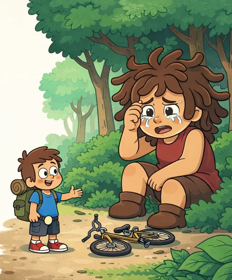 On the right side of the image, Kem stands in the lower-middle-right, looking up and gesturing toward Sen with an open, friendly posture and a warm smile; he wears a blue t-shirt, dark shorts, red sneakers, and a green backpack with a bedroll. Sen is seated on the ground among the trees in the upper-right area, his large head tilted with a sad, tearful expression, one hand raised to wipe tears from his face; he has shaggy brown hair and wears a red sleeveless top, brown shorts, and brown boots. A damaged yellow bike lies on the dirt ground in the lower-right, between Kem and Sen. The scene is set outdoors at the edge of the woods near the village, with large leafy trees and green bushes, in bright daylight. The left portion of the image is plain muted background.
