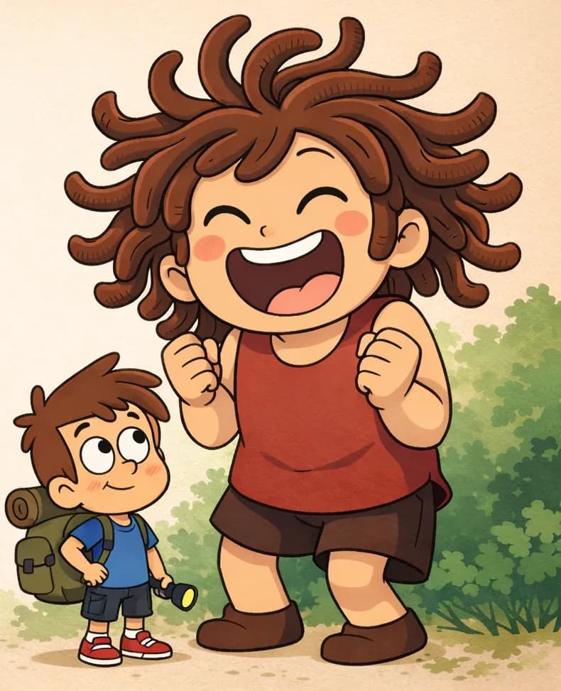 On the right side of the image, Sen is shown large with a huge, joyful open-mouthed smile, rosy cheeks, and eyes squeezed shut in delight, capturing the moment of barely contained excitement. His fists are gently clenched with restrained joy, trying not to scare Kem. Kem stands small in front of Sen in the lower-right, looking up at him with a friendly, encouraging grin. A hint of green foliage and the edge of the woods is visible in the background. The left portion of the image is plain muted background.