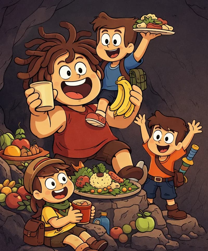 On the left side of the image, Sen stands large and joyful inside a cave, laughing with mouth wide open while holding a cup in one hand and bananas in the other. Sen is surrounded by a feast of food piled on rocky cave surfaces — fruits, platters, and large leafy dishes. Kem sits on Sen's shoulder, holding a plate of food high above his head with a happy expression. Lan stands on a rock beside Sen, arms raised excitedly and smiling broadly. A fourth village child sits in the lower-left, laughing and enjoying the feast. The right side fades into a plain dark cave wall background.