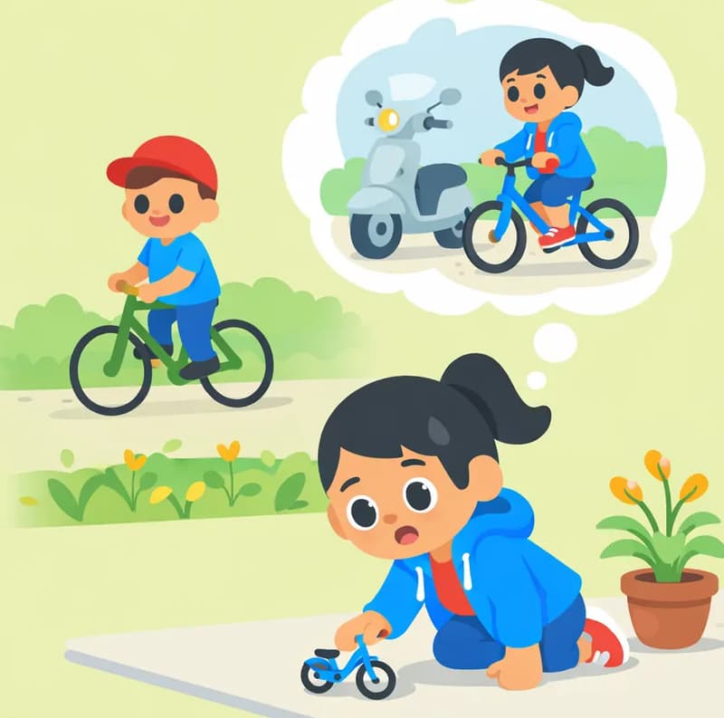 On the right side of the image, Girl is kneeling on a sidewalk, leaning forward with a wistful expression as she plays with a small toy bike on the ground, next to a potted plant with yellow flowers. In the center-left background, Dad rides a full-sized bicycle along a road past a suburban yard with green plants, wearing his red baseball cap and light blue polo shirt, looking calm and focused as he heads off. Above, a thought bubble from Girl shows her imagining herself riding a real bike alongside a scooter, with a determined, hopeful expression.