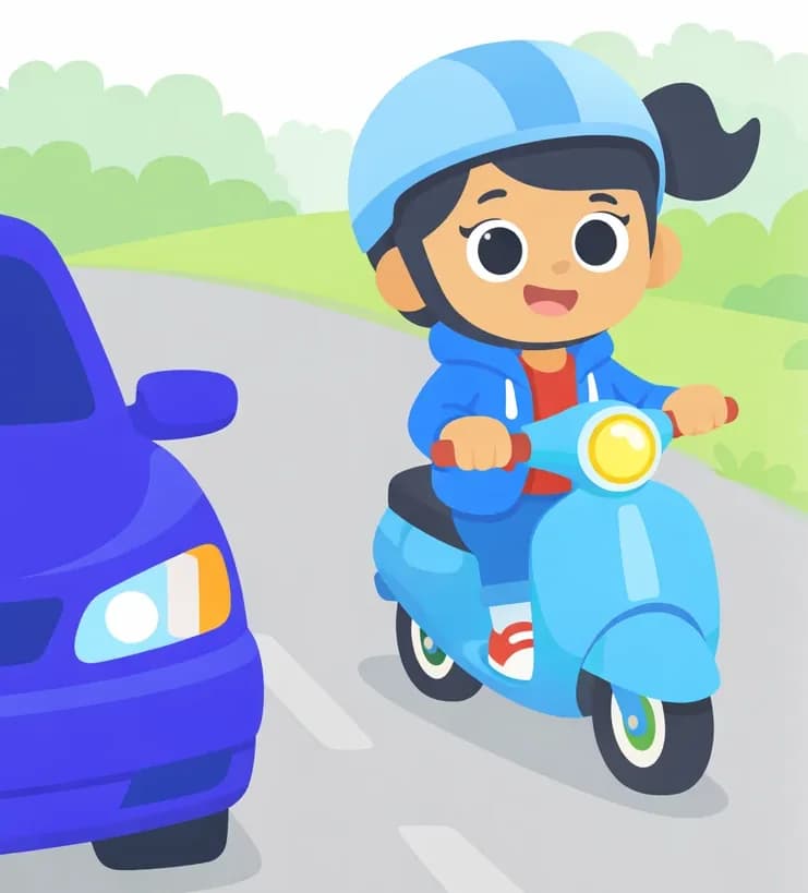 On the left side of the image, Girl sits on a light blue scooter riding along a suburban road toward the viewer, wearing a light blue helmet, with a happy and confident smile as she grips the handlebars, her dark ponytail trailing behind her. At the far left edge, the front of a blue car is partially visible, its headlight facing the viewer as it travels alongside her. The scene is set outdoors on a daytime road with dashed lane markings, lined with green grass and soft bushes and trees in the background, with the right side of the image fading into a soft, misty open background.