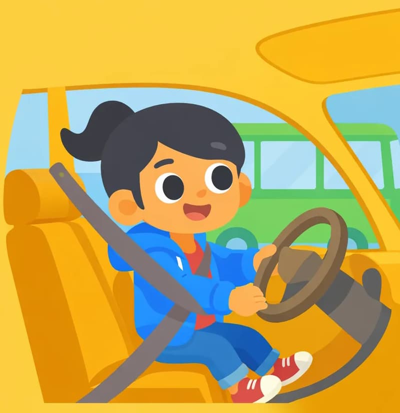 On the right side of the image, Girl is sitting in the driver's seat of a yellow car, gripping the steering wheel with both hands and looking out the window with a curious, excited expression. She is wearing a seatbelt and gazing toward a green bus visible through the car window. The left side of the image is plain warm yellow background. The scene has a bright, daytime feel with a sense of imaginative play as Girl pretends to drive.