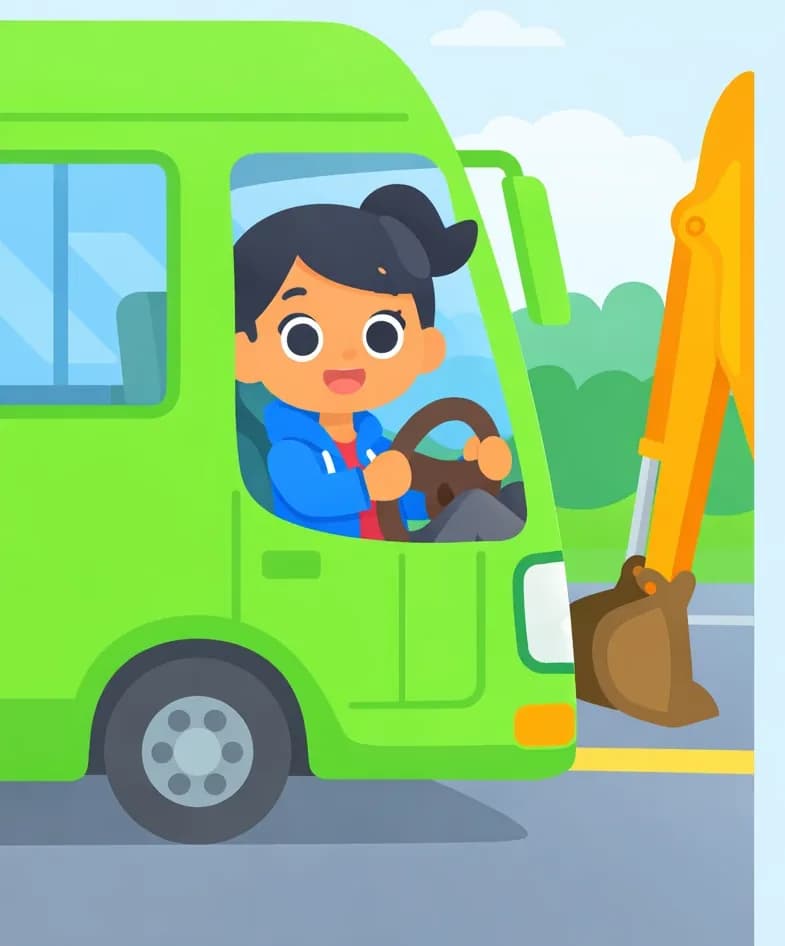 Girl is sitting in the driver's seat of a green bus on the left side of the image, gripping the steering wheel with a focused expression as she drives along a road. The arm and bucket of an orange digger are visible at the roadside, indicating a roadworks zone. The background shows a tree line and blue sky with light clouds. The right ~40% of the image is open sky, suitable for text overlay.