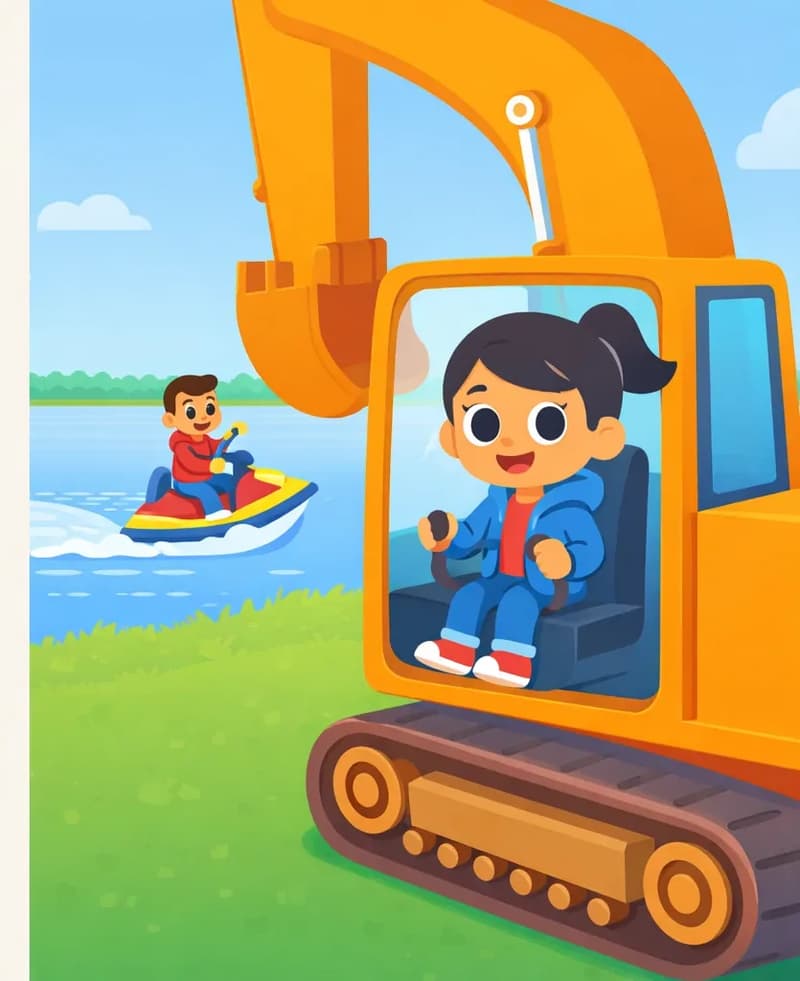 On the right side of the image, Girl sits inside the cab of a large orange digger (excavator), gripping the controls with a determined expression as she drives it across a green grassy field toward the water's edge. In the center-background, Man rides a jet ski on the water, looking back toward the digger with an impressed expression and shouting encouragement. The outdoor scene shows a bright, sunny day with blue sky, a wide body of water, and a tree-lined far shore.