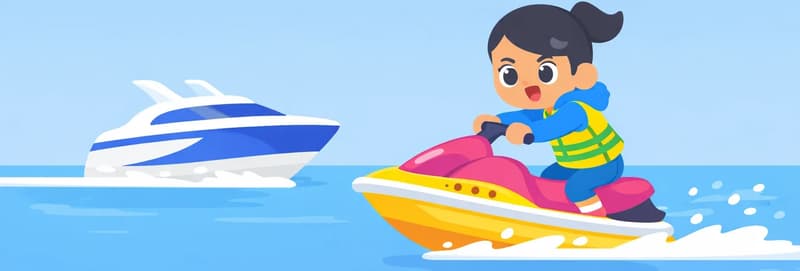 In the lower half of the image, Girl is kneeling on a yellow and pink jet ski, gripping the handlebars with both hands and leaning forward with a determined expression as she speeds across open water. She is wearing a life vest. A white and blue motorboat sits in the water ahead of her, and Girl is racing toward it. The top half of the image is plain blue sky with light clouds, and the scene is set outdoors on a bright, sunny day on a calm lake or bay.