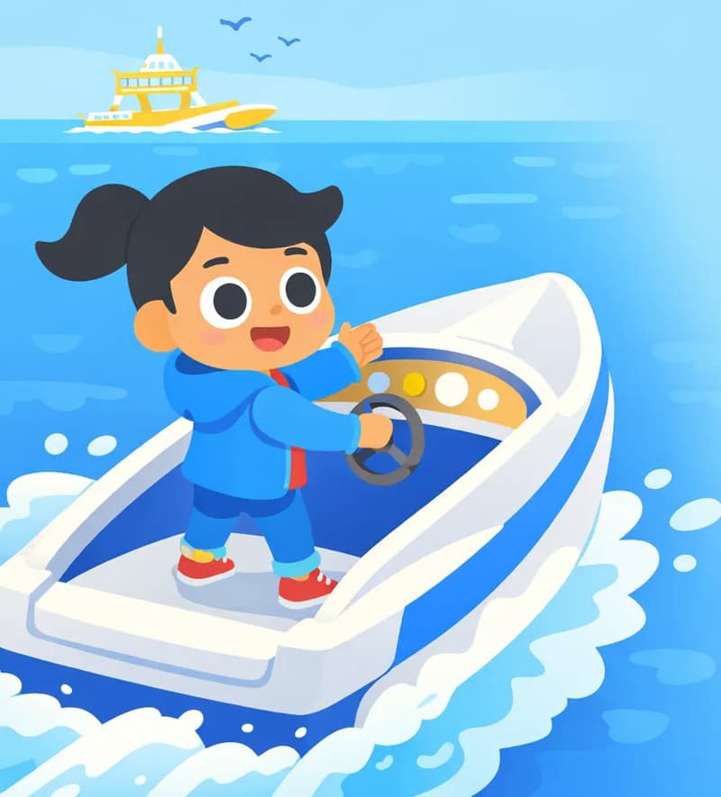 On the left side of the image, Girl stands at the helm of a white-and-blue speedboat, shown from a three-quarter angle, with a determined pose as she steers through choppy ocean waves, one hand raised toward the dashboard controls. She is heading toward a large ship visible in the upper-left distance, with birds flying overhead against a bright daytime sky. The right side of the image is open water and sky, providing clear space for text overlay.