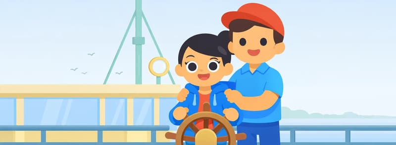 In the lower half of the image, Girl and Dad stand together inside the bridge of a large ship. Girl is in front, gripping a wooden ship's wheel with both hands, smiling proudly. Dad stands directly behind her, wearing his red baseball cap and light blue polo shirt, also smiling warmly, with his hands gently resting near her shoulders in a supportive pose. The ship's bridge features metal railings, a mast with rigging, and a round porthole-style mirror. The upper half is open sky with soft clouds and a few distant seagulls, with a calm misty waterfront visible in the background.