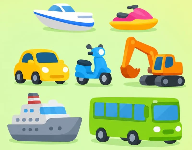 On the left side of the image, a colorful collection of different vehicles and modes of transport is arranged against a soft green-and-yellow gradient background. The vehicles include a white-and-blue speedboat and a yellow-and-pink jet ski in the upper area, a yellow car, a blue scooter, and an orange excavator in the middle row, and a large gray ship and a bright green bus along the bottom. The right ~40% of the image is plain gradient background with no objects or detail, suitable for text overlay.