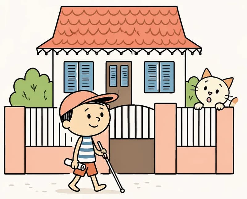 On the left side of the image, Ted stands smiling confidently in front of a suburban American house with a front fence, holding a white cane in one hand. He wears a peach/salmon-colored baseball cap worn forward over short dark hair, a white-and-blue horizontally striped short-sleeve t-shirt, and burnt-orange/rust-colored shorts, with bare feet. He has a cheerful, determined expression as he sets off on his journey. Cat peeks out from behind the fence on the right side of the house, with wide curious eyes, watching Ted as he heads out. The scene is set outdoors on a bright, sunny day with green bushes and a blue sky with white clouds behind the house. The right ~40% of the image is plain white background.