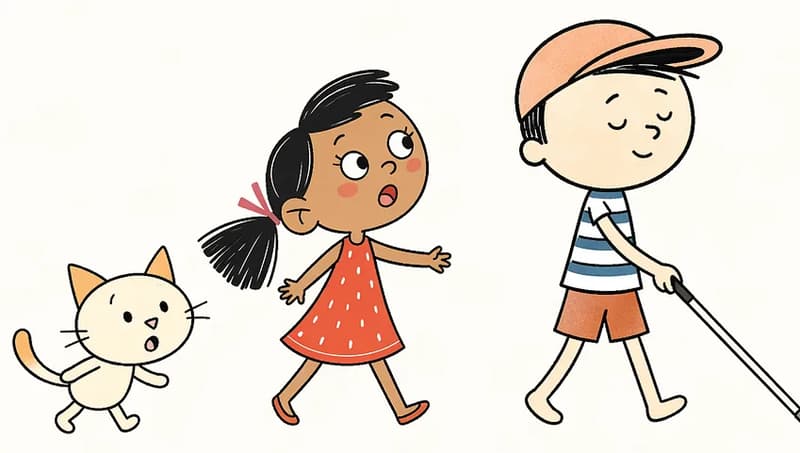 On the right side of the image, Ted walks confidently forward with his eyes closed and a calm, content smile, holding a white cane out in front of him. He wears his peach/salmon-colored baseball cap, white-and-blue horizontally striped t-shirt, and burnt-orange/rust-colored shorts. Behind him, Kim walks with her arms slightly outstretched and a concerned, watchful expression, looking up at Ted as she follows. She wears her coral-red A-line dress with white polka dots and a pink bow in her side ponytail. Cat trots along behind Kim, looking alert and curious. The three are walking in a line across a plain, light outdoor ground with a clean white background.