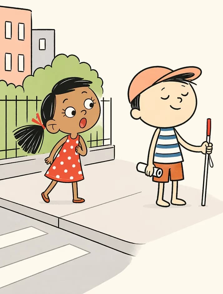On the left side of the image, Ted stands at a street corner with his eyes closed and head tilted upward, breathing in the air with a confident expression, holding his white cane. Behind and to his left, Kim follows with a surprised, wide-eyed expression and open mouth. The scene is set outdoors on a sunny day at an intersection, with buildings, a fence, and green bushes visible in the background. The right ~40% of the image is plain peach/tan background.