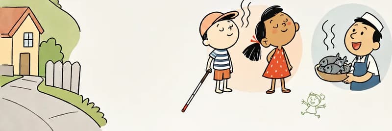 In the lower-center of the image, Ted is shown sniffing the air with his eyes closed and a proud, contented expression, with wavy scent lines rising from the direction of a nearby fish shop. Next to him, Kim smiles with eyes happily shut, also breathing in deeply and enjoying the fishy aroma. To the right, a fish shop worker is shown holding a bowl of fish. The characters are depicted in circular/rounded vignette-style frames arranged across the bottom half of the image. Along the left edge, a suburban street scene with buildings and green hillside is partially visible, while the top half remains open white background. Small playful doodle-like figures of cats and children are scattered between the vignettes.