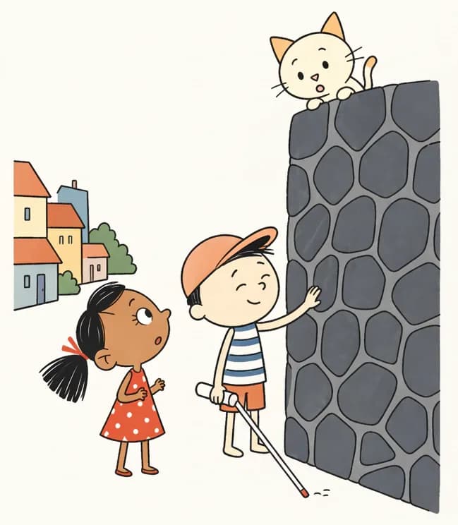 On the left side of the image, Ted stands facing a large dark cobblestone wall, smiling with his eyes closed as he reaches out with one hand to touch its rough stone surface, holding his white cane in his other hand. Kim stands just behind and to the left of Ted, looking up at him with a curious, slightly concerned expression. Cat is perched on top of the stone wall, peering down at Ted keenly with wide eyes. The scene is set outdoors on a sunny day along a small-town street, with shops and buildings with colorful rooftops visible in the background to the far left. The right ~40% of the image is plain white background.