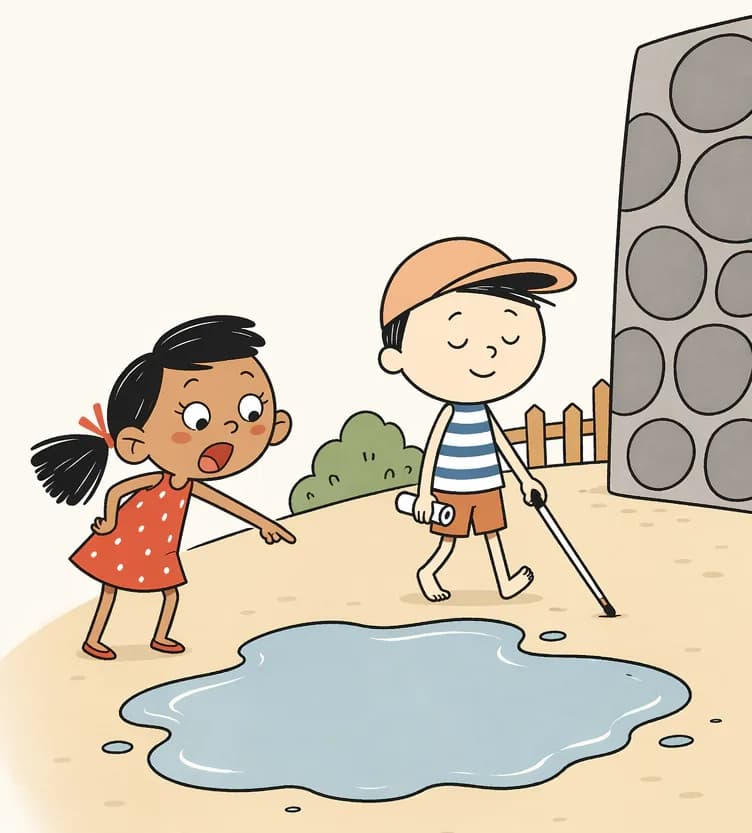 In the lower half of the image, Kim leans forward near the edge of a large puddle with a worried, fearful expression, one arm outstretched pointing at the puddle as she warns Ted. Ted walks calmly around the far side of the puddle with his eyes closed and a confident smile, his white cane sweeping ahead of him, his feet completely dry. The scene is set outdoors on a dirt path beside a stone wall, with a fence and bushes visible in the background. The top half of the image is open sky with soft clouds, leaving clear space for text.
