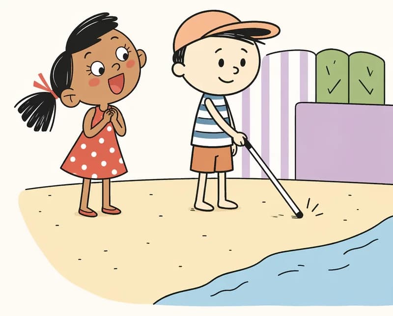 On the right side of the image, Ted stands proudly tapping his white cane on the ground, with a confident smile on his face. Kim stands beside him, looking at him with a wide-eyed, impressed expression and a big smile. They are on a sandy outdoor path near a body of water visible at the bottom-right edge. Behind them are colorful structures — a striped purple-and-white fence or wall and green and purple panels, suggesting they are approaching a neighborhood or party venue. The left portion of the image is mostly open background.