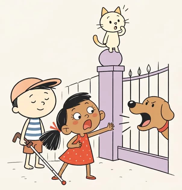 On the left side of the image, Ted and Kim stand on a sidewalk in front of a fence and gate. Kim is in the foreground, looking alarmed with wide eyes and a fearful expression, one arm extended protectively as she shouts a warning. Ted stands just behind Kim, eyes closed and smiling calmly, appearing completely unfazed. Cat is perched on top of the fence post above, looking down at the scene with a startled expression, having leapt up in surprise. A large brown dog pokes its head through the gate, mouth open and barking energetically. The right ~40% of the image is plain muted purple background.