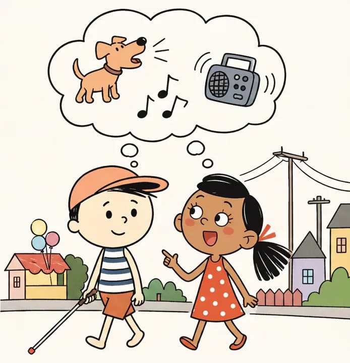 On the right side of the image, Ted and Kim are walking together along a suburban neighborhood street, with houses, power lines, trees, and a small market stall with colorful balloons visible in the background. Above them in a large thought-bubble cloud, three stylized sensory icons float — depicting a barking dog, musical notes, and other neighborhood sounds — representing the sounds Ted uses to navigate. Ted walks smiling confidently, while Kim looks at him with a bright, impressed expression, gesturing as she speaks.