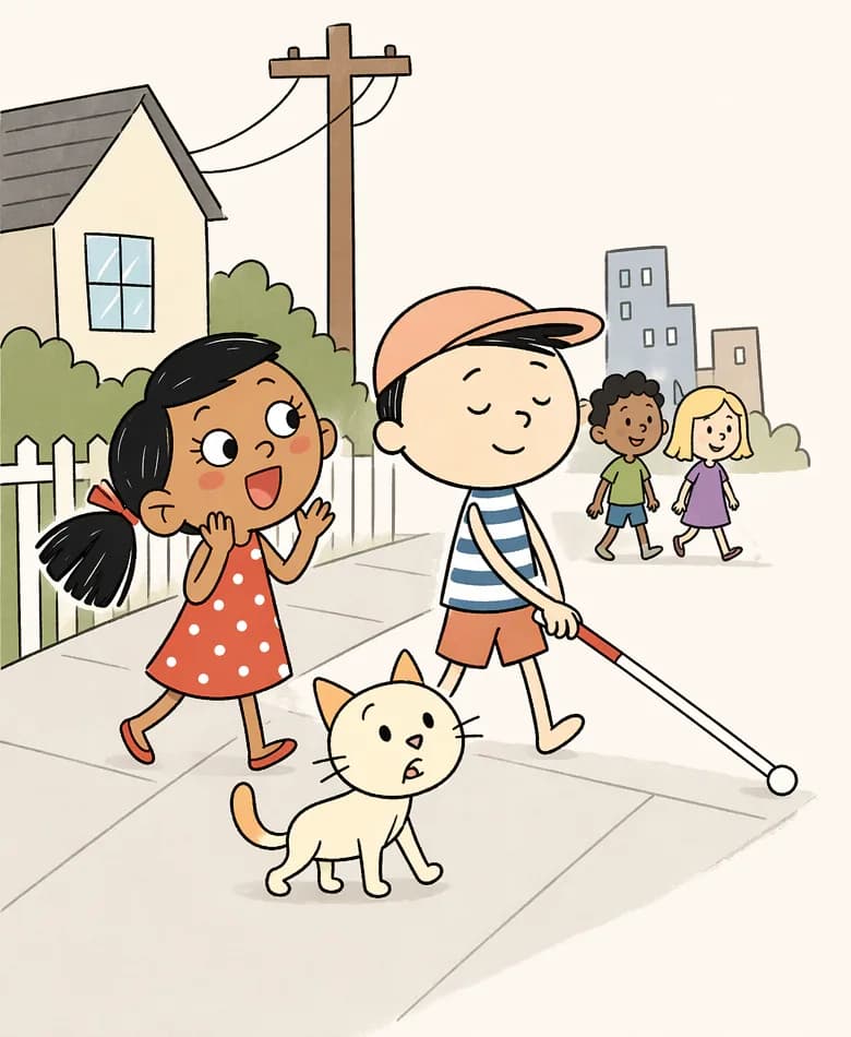 On the left side of the image, Ted walks confidently forward holding his white blind persons cane out in front of him, eyes closed and smiling contentedly, while Kim walks beside him on his left, looking up at him with wide eyes full of happiness and her hands raised in delight, an excited open-mouth grin on her face. They are on a suburban American sidewalk with a power line pole, houses, and buildings visible in the background. Cat walks along the path near them, and a few children can be seen walking in the background behind them.