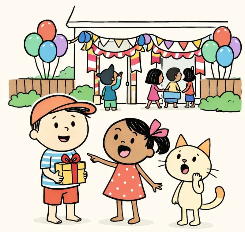 On the right side of the image, Ted, Kim, and Cat stand in front of a house decorated with colorful balloons, streamers, and bunting for a party. Ted is standing and smiling warmly, holding a wrapped gift box. Kim stands nearby with a joyful, excited expression, looking toward the decorated entrance. Cat is visible among the group, also facing the party venue with an eager posture. The scene is set outdoors on a bright day in a suburban American neighborhood, with green trees and a wooden fence flanking the festively decorated house. Several other children are visible near the entrance and around the party venue.