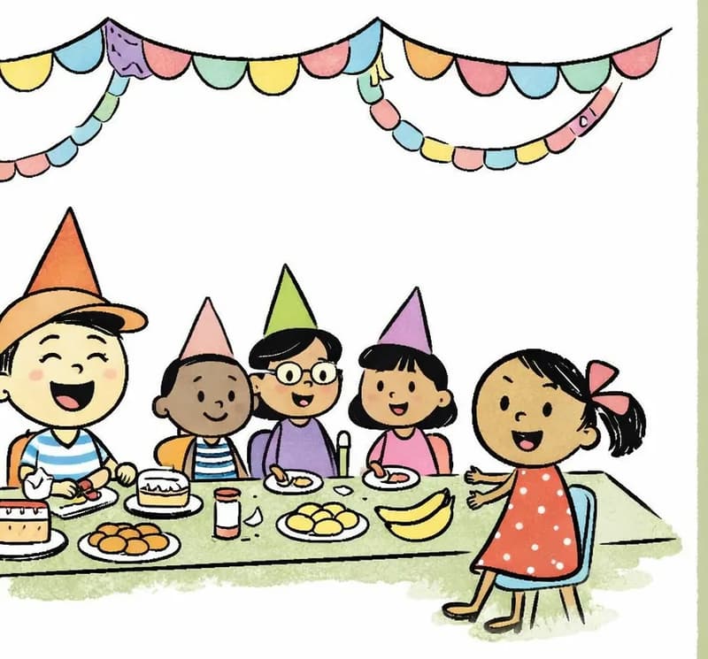 On the left side of the image, Ted and Kim sit at a long table with several friends at an indoor party. The table is laden with food including cake, fruit, and various dishes. Ted sits grinning broadly with eyes closed contentedly, wearing a party hat. Kim sits in the foreground on the right side of the table, smiling warmly. Three friends sit along the table between them, all wearing party hats and looking happy. Colorful paper streamers and bunting hang from the ceiling above. The right ~40% of the image is plain olive/sage background.