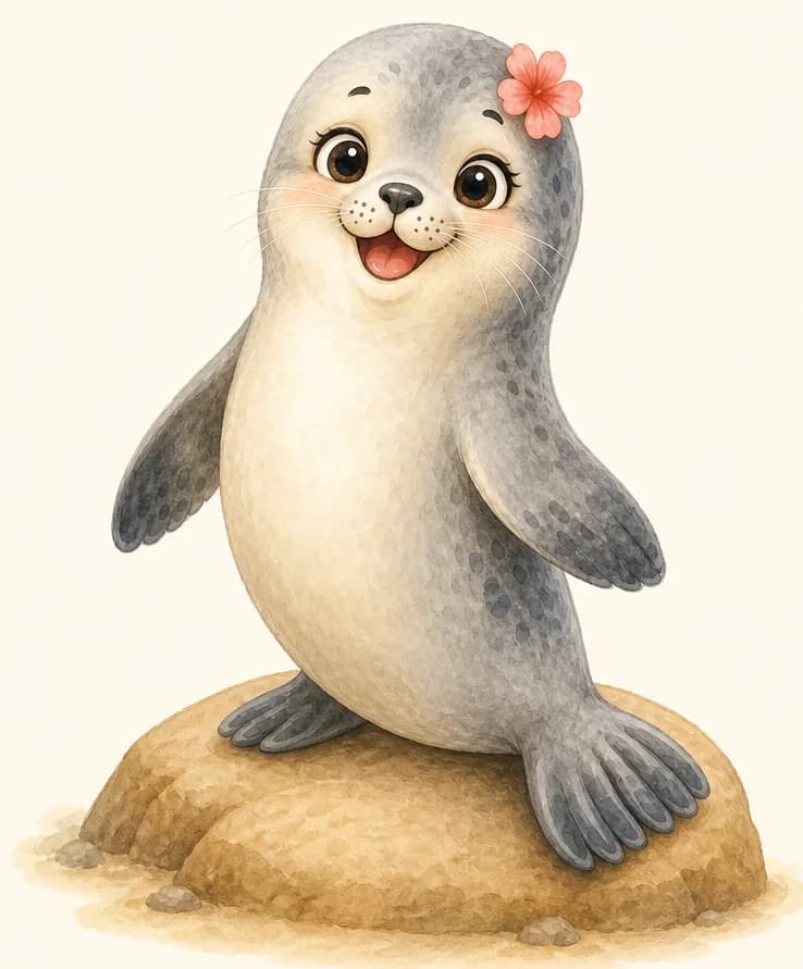 Introduce Fernanda. Show her in a clear, friendly pose on a rock or sandy beach so the reader can clearly see her long body, flippers, and short fur. Simple background.