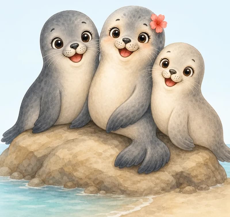 Fernanda, Felipe, and Felisa together on a rock or beach, all clearly happy and close as friends. Simple background.