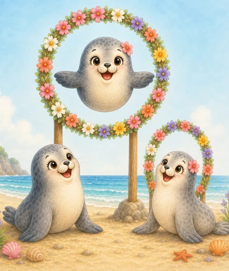 The three seals leap through hoops made of woven flowers — at least one seal mid-jump through a flower hoop while another waits its turn. Joyful, circus-like mood. Closing-page feel.